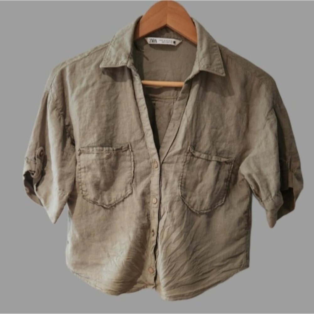 Zara Xs Oversize Green Casual Button Down Shirt Lightweight‎ Cotton Wood Buttons